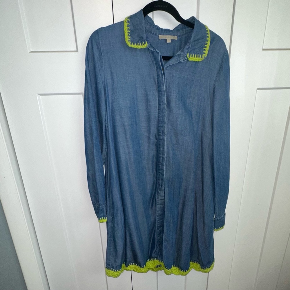 Joan Vass Blue Denim Dress/top with hand crocheted bright green trim large